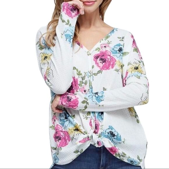 White Birch Floral Front Tie Waffle Print Top - Picture 1 of 5